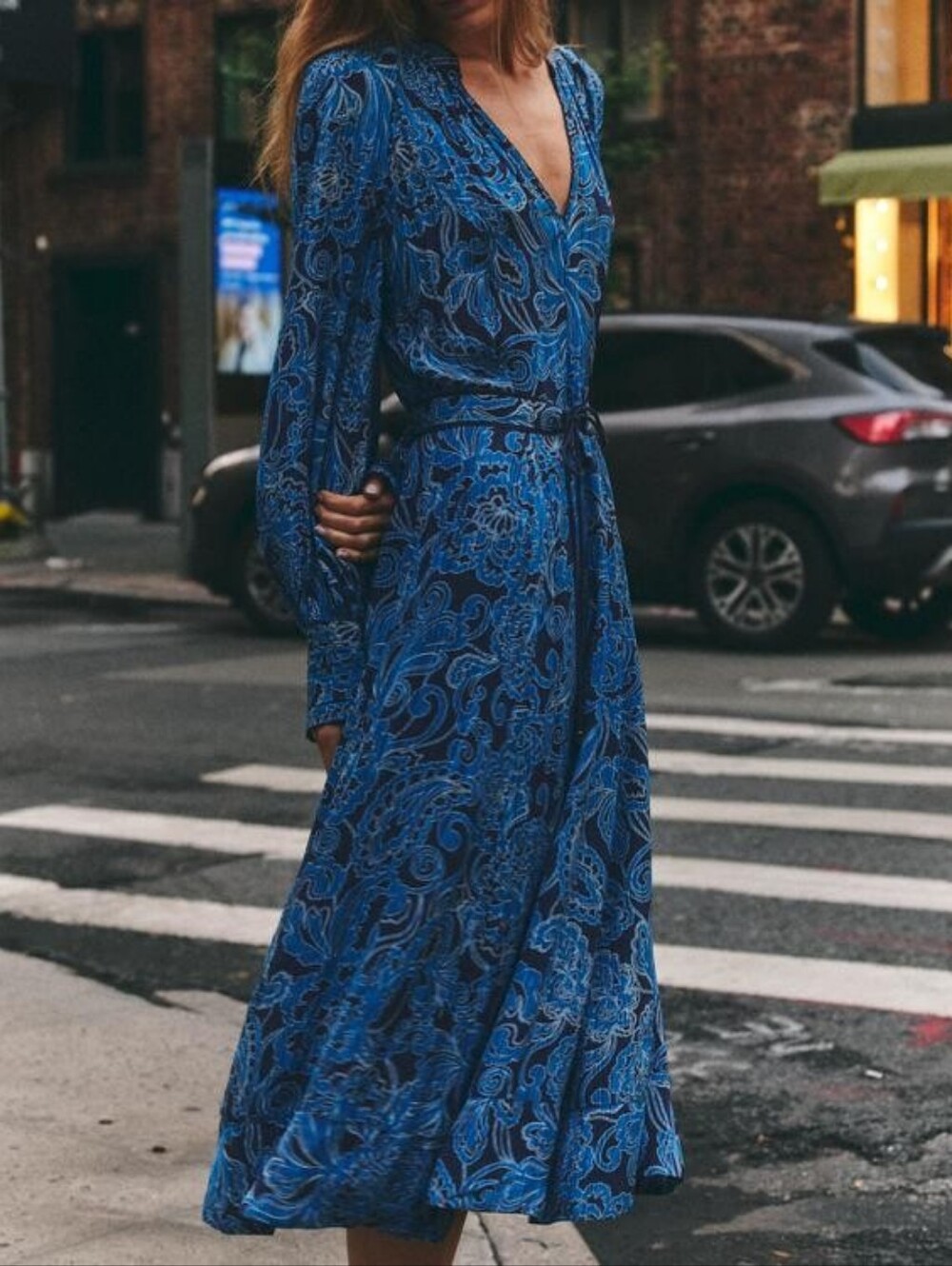 Cartolina Regine Satin Long Sleeve Belted Midi Dress Blue San Lorenzo Paisley S